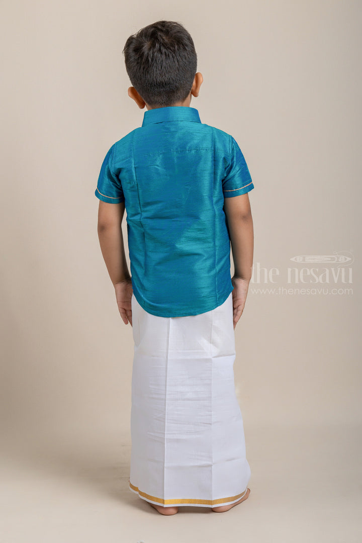 The Nesavu Boys Shirts Rama Turquoise Blue Tranquility Boys Pattu Zari Shirt psr silks Nesavu