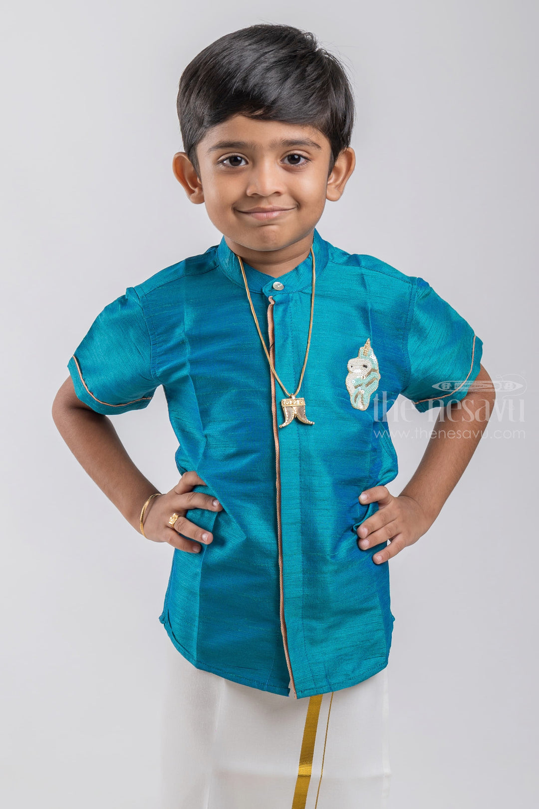 The Nesavu Boys Silk Shirt Rama Turquoise Blue Treasure Boys Pattu Banarasi Shirt psr silks Nesavu 14 (6M) / Blue BS030C