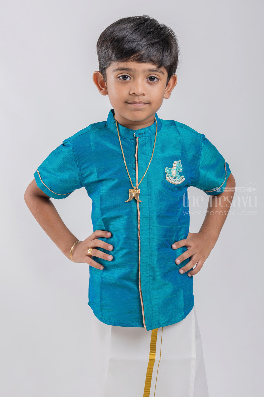 The Nesavu Boys Silk Shirt Rama Turquoise Tranquility Boys Pattu Zari Shirt psr silks Nesavu 14 (6M) / Blue BS030B