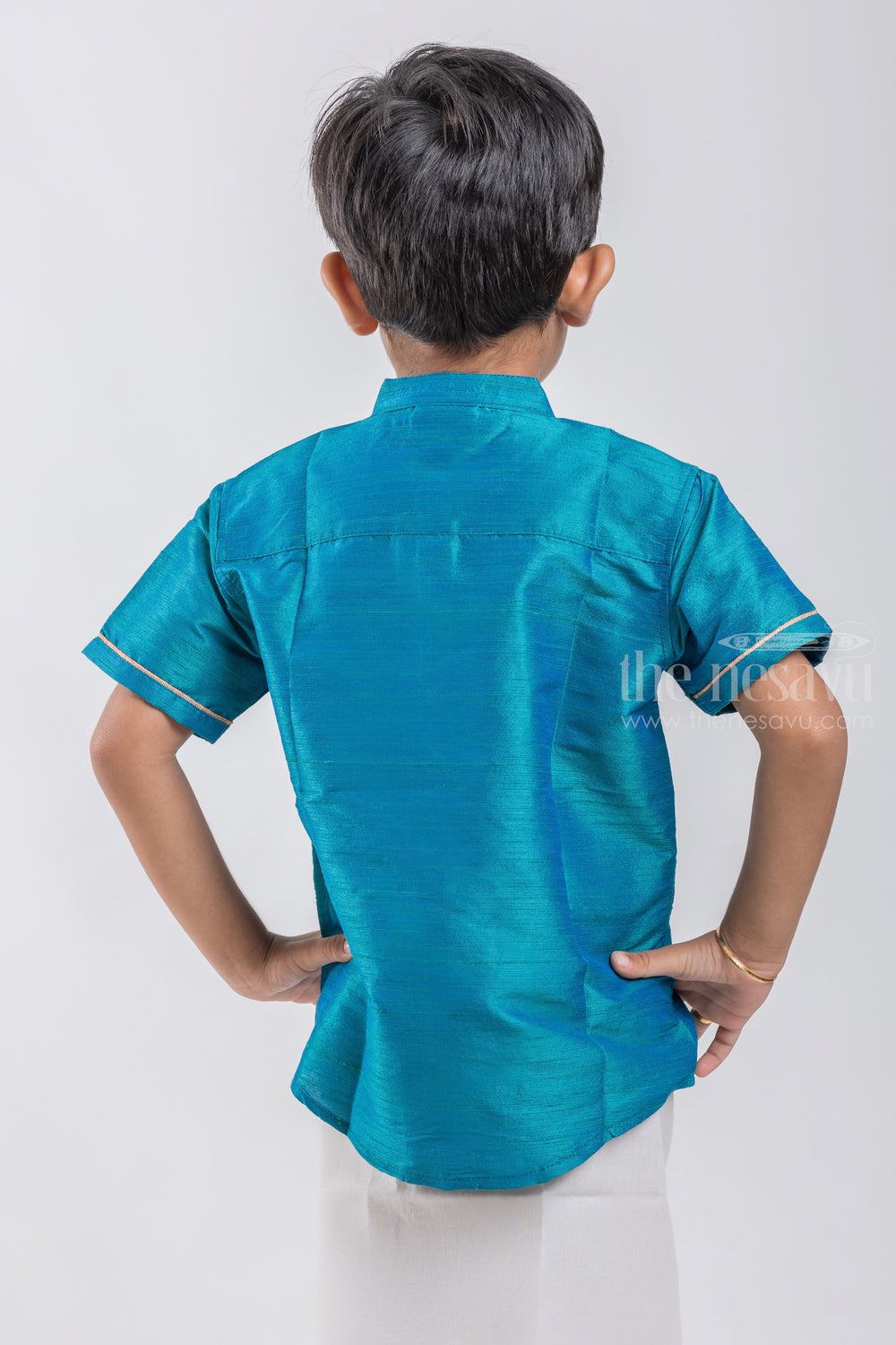 The Nesavu Boys Silk Shirt Rama Turquoise Tranquility Boys Pattu Zari Shirt psr silks Nesavu