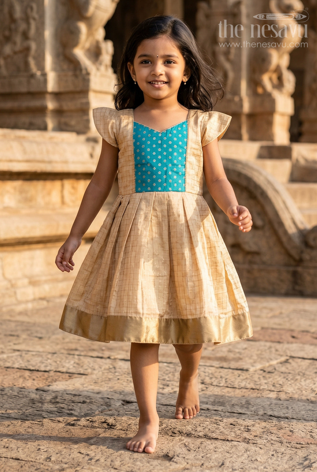 The Nesavu Silk Frock Raw Silk Frock Design for Girls with Gold Silk Cotton and Embellished Teal Yoke for Traditional Appeal Nesavu 18 (2Y) / Cream SF1030A-18 Nesavu Raw Silk Frock Design Girls Teal Embellished Yoke Golden Silk Cotton Finish