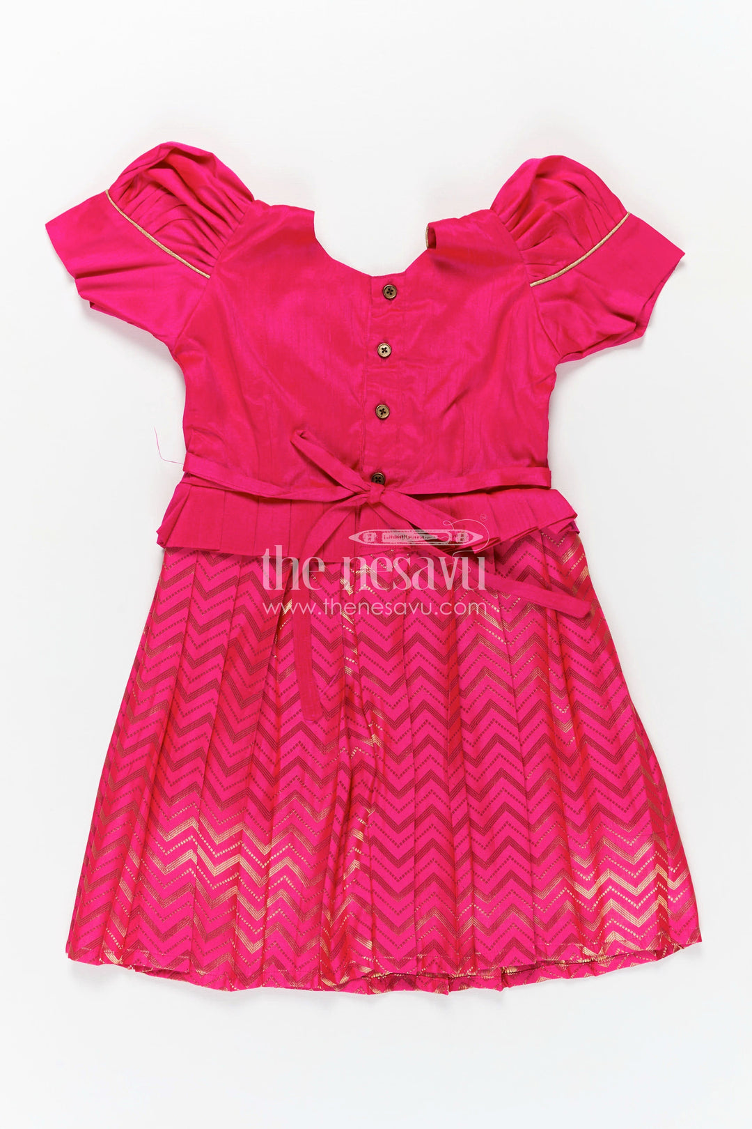 The Nesavu Silk Frock Raw Silk Frock Designs for Girls in Hot Pink with Gold Zari Chevron Skirt and Elegant Yoke Pleating Nesavu Nesavu Raw Silk Frock Designs Girls Hot Pink Chevron Zari Skirt Pleated Yoke