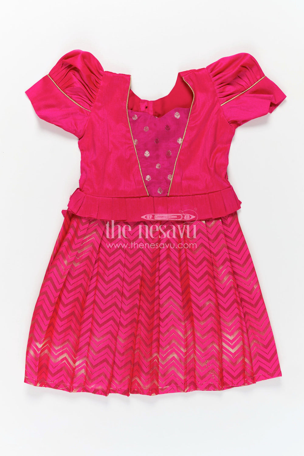 The Nesavu Silk Frock Raw Silk Frock Designs for Girls in Hot Pink with Gold Zari Chevron Skirt and Elegant Yoke Pleating Nesavu Nesavu Raw Silk Frock Designs Girls Hot Pink Chevron Zari Skirt Pleated Yoke