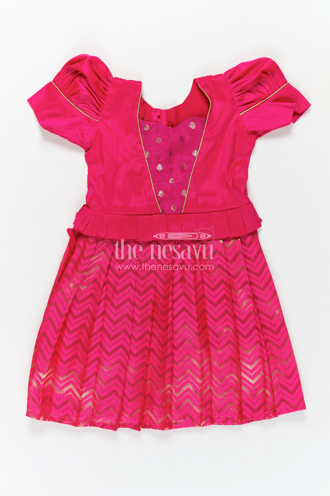The Nesavu Silk Frock Raw Silk Frock Designs for Girls in Hot Pink with Gold Zari Chevron Skirt and Elegant Yoke Pleating Nesavu Nesavu Raw Silk Frock Designs Girls Hot Pink Chevron Zari Skirt Pleated Yoke