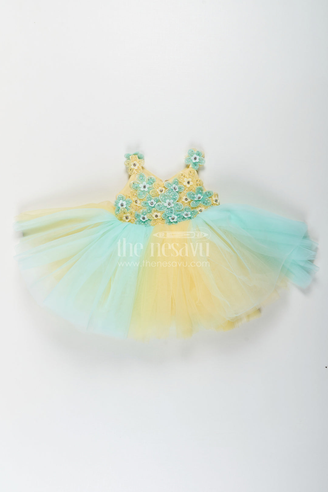 The Nesavu Girls Fancy Party Frock Reception Dress Frock for Girls in Soft Net with Floral Brooch Embellished Yoke and Tulle Layers Nesavu Nesavu Reception Dress Frock Girls Soft Net Floral Brooch Embellishments Pastel Layers