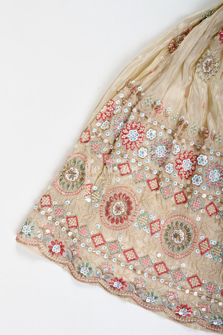 The Nesavu Girls Lehenga Choli Reception Lehenga for Girls Sequinned Party Look Nesavu Nesavu Girls Cream Pink Reception Lehenga Choli Sequin Embellishments Gold Embroidery