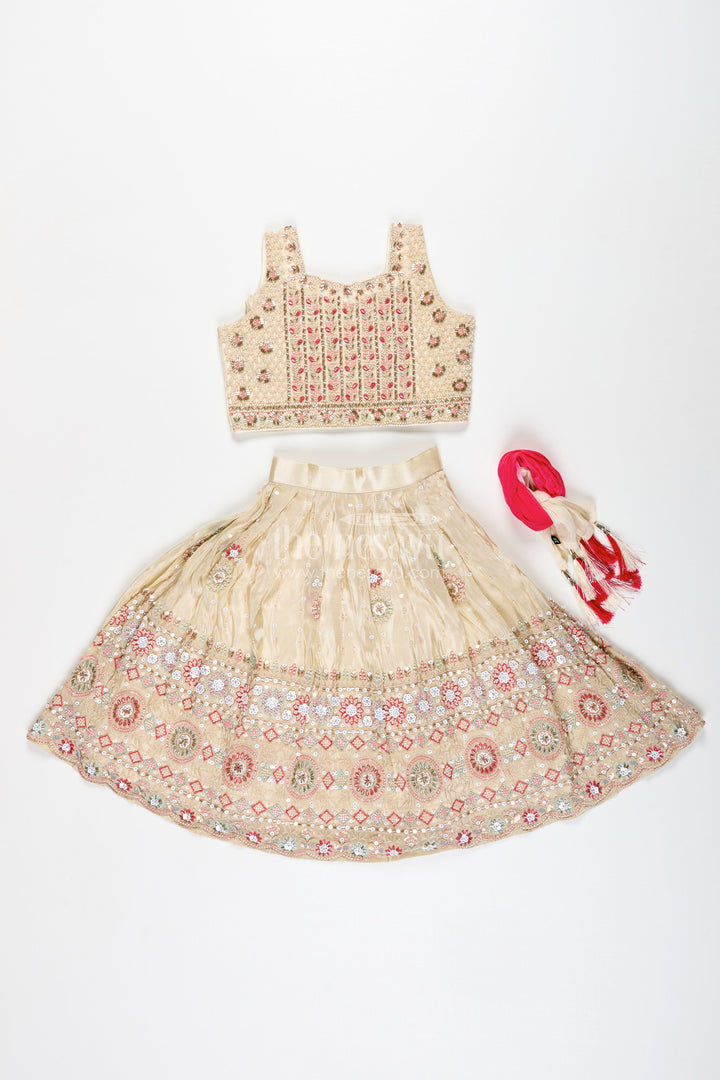 The Nesavu Girls Lehenga Choli Reception Lehenga for Girls Sequinned Party Look Nesavu Nesavu Girls Cream Pink Reception Lehenga Choli Sequin Embellishments Gold Embroidery