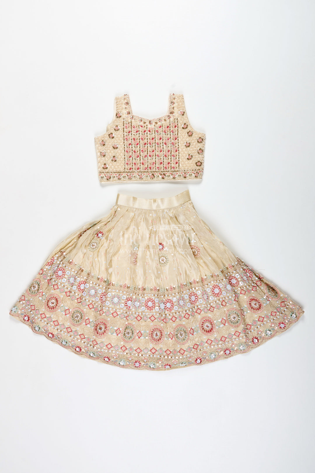 The Nesavu Girls Lehenga Choli Reception Lehenga for Girls Sequinned Party Look Nesavu Nesavu Girls Cream Pink Reception Lehenga Choli Sequin Embellishments Gold Embroidery
