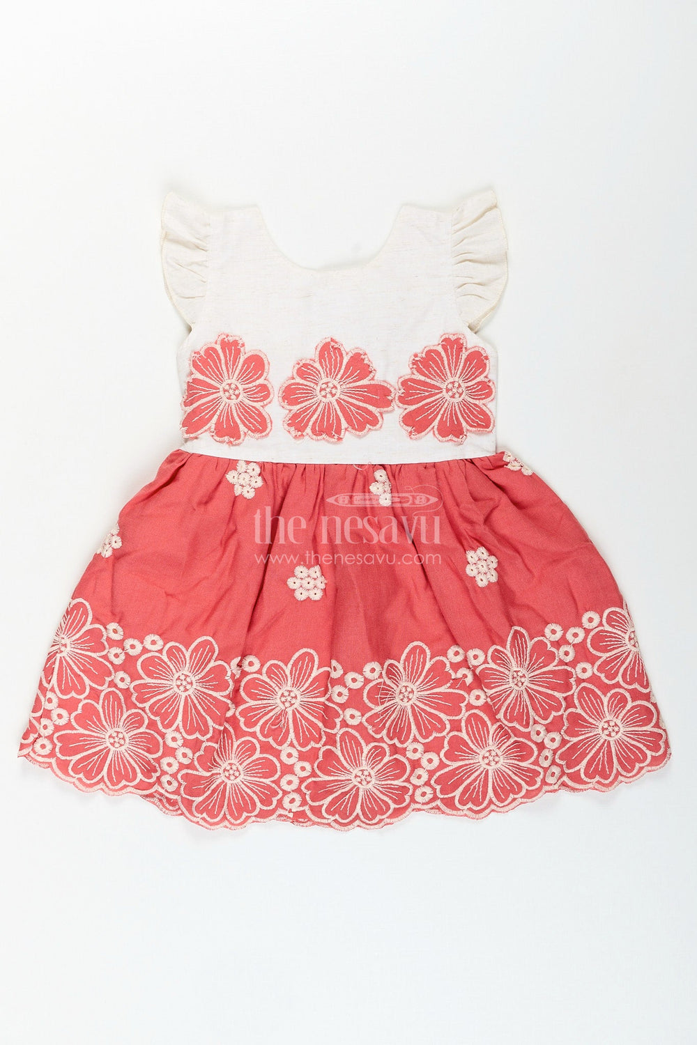 The Nesavu Girls Cotton Frock Red cotton frock for girls with floral hem embroidery Nesavu 20 (3Y) / Pink GFC1960B-20 Nesavu red cotton frock for girls with contrast yoke and white floral embroidery for festive occasions