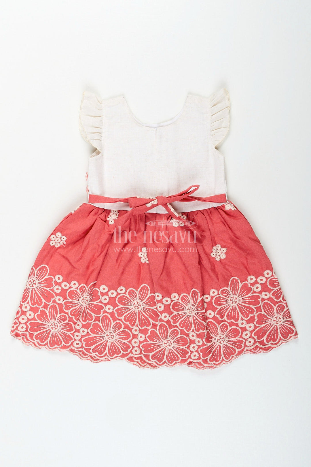 The Nesavu Girls Cotton Frock Red cotton frock for girls with floral hem embroidery Nesavu Nesavu red cotton frock for girls with contrast yoke and white floral embroidery for festive occasions