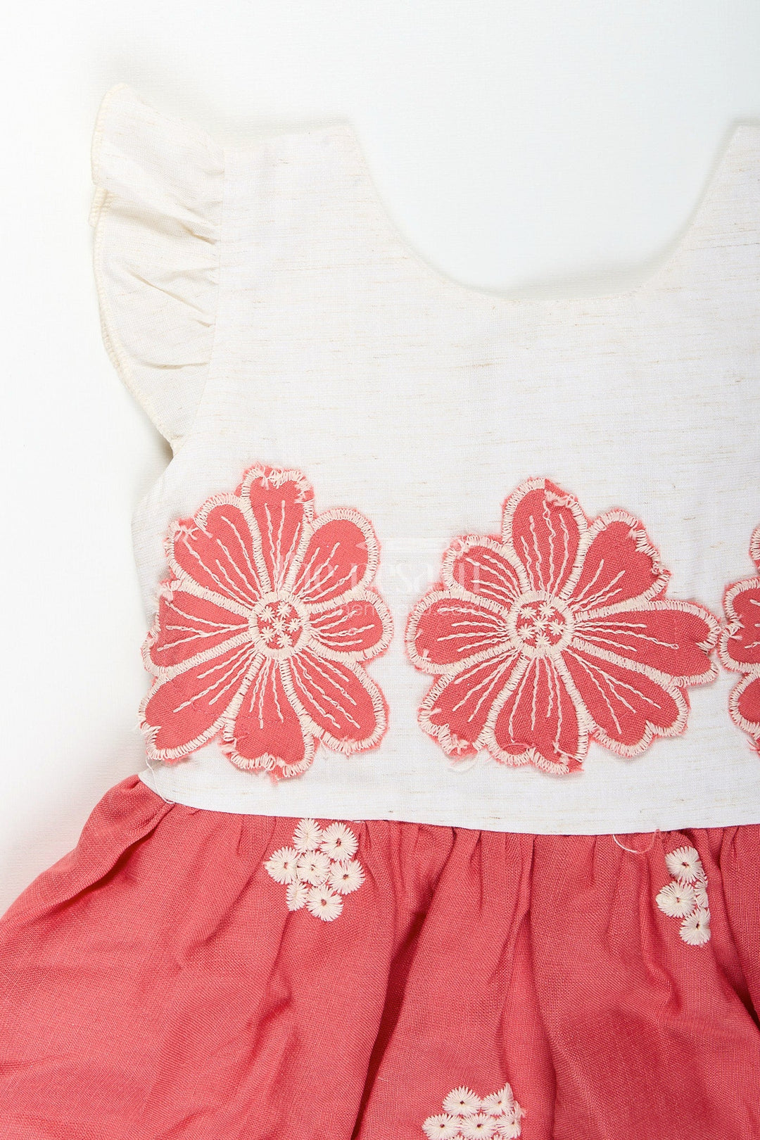 The Nesavu Girls Cotton Frock Red cotton frock for girls with floral hem embroidery Nesavu Nesavu red cotton frock for girls with contrast yoke and white floral embroidery for festive occasions