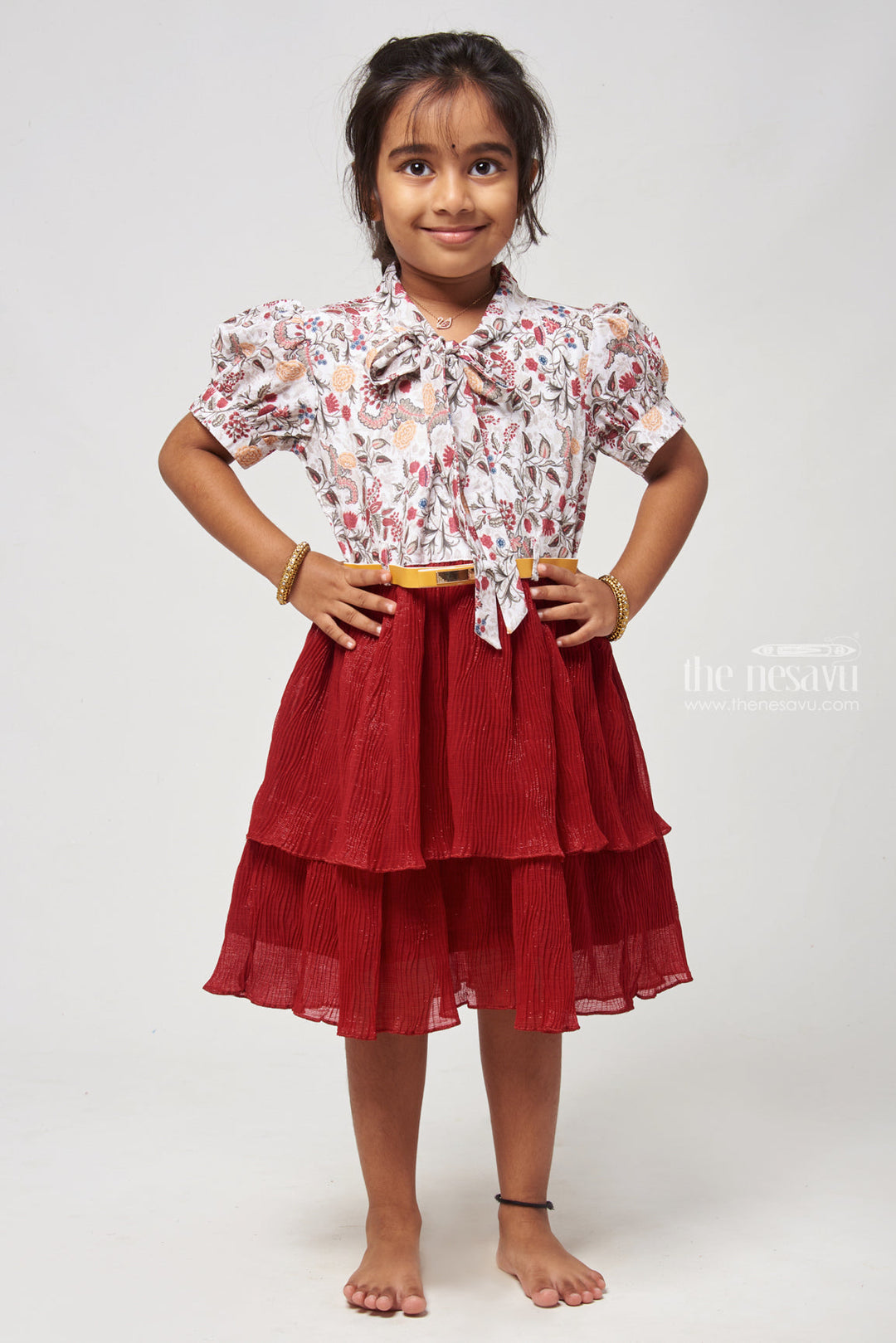 The Nesavu Frocks & Dresses Red Double Layer Flared Frock - Floral Tie Neck & Chic Look Nesavu 20 (3Y) / Red GFC1104B-20 Floral Printed Tie neck Frock | Girls Cotton Frock | The Nesavu