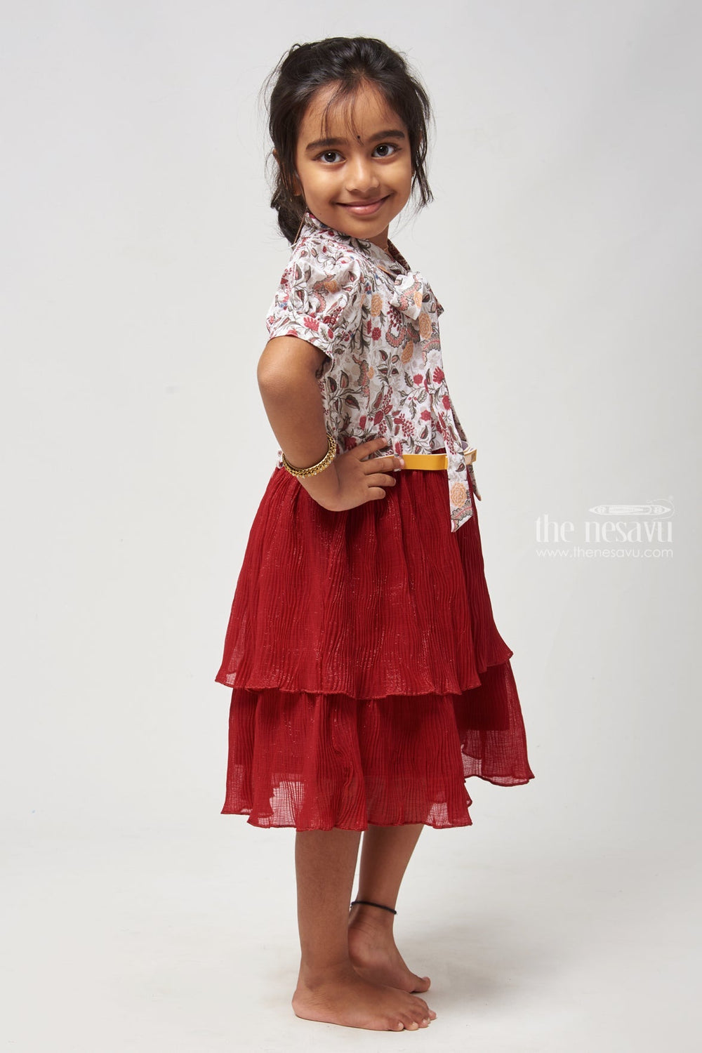 The Nesavu Frocks & Dresses Red Double Layer Flared Frock - Floral Tie Neck & Chic Look Nesavu Floral Printed Tie neck Frock | Girls Cotton Frock | The Nesavu