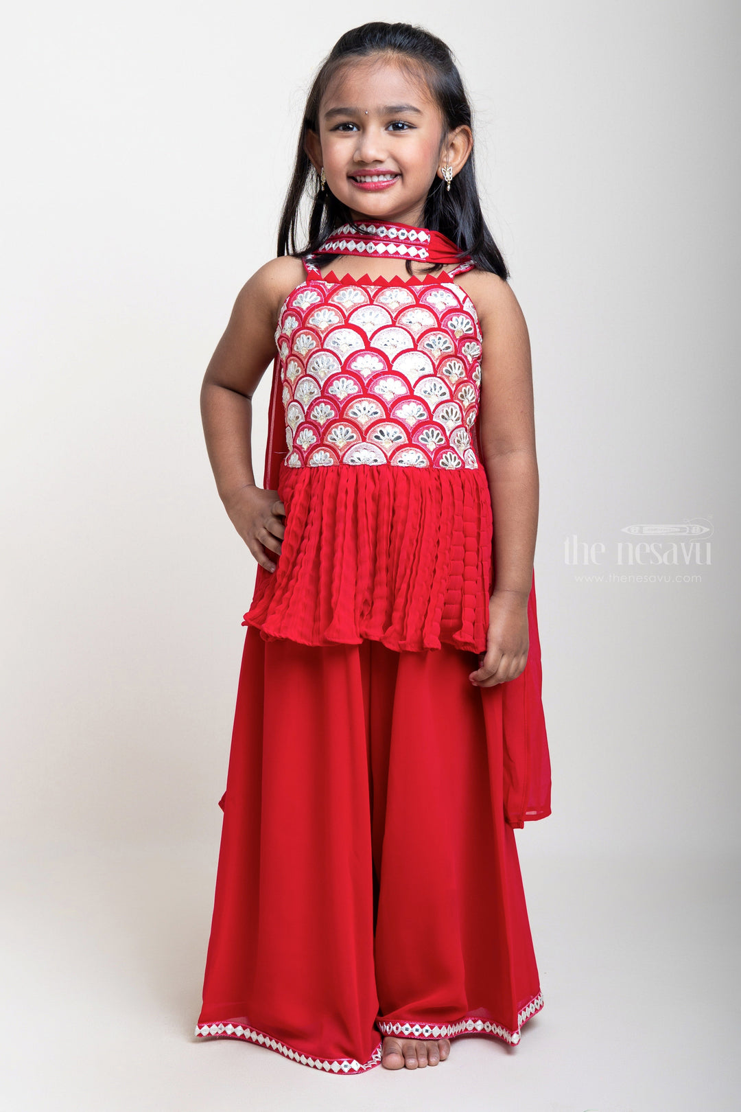 The Nesavu Girls Sharara / Plazo Set Red Embroidered Sequin Semi-Crushed Tunic Tops With Lace Trim Palazzo psr silks Nesavu 16 (1Y) / Red GPS113C