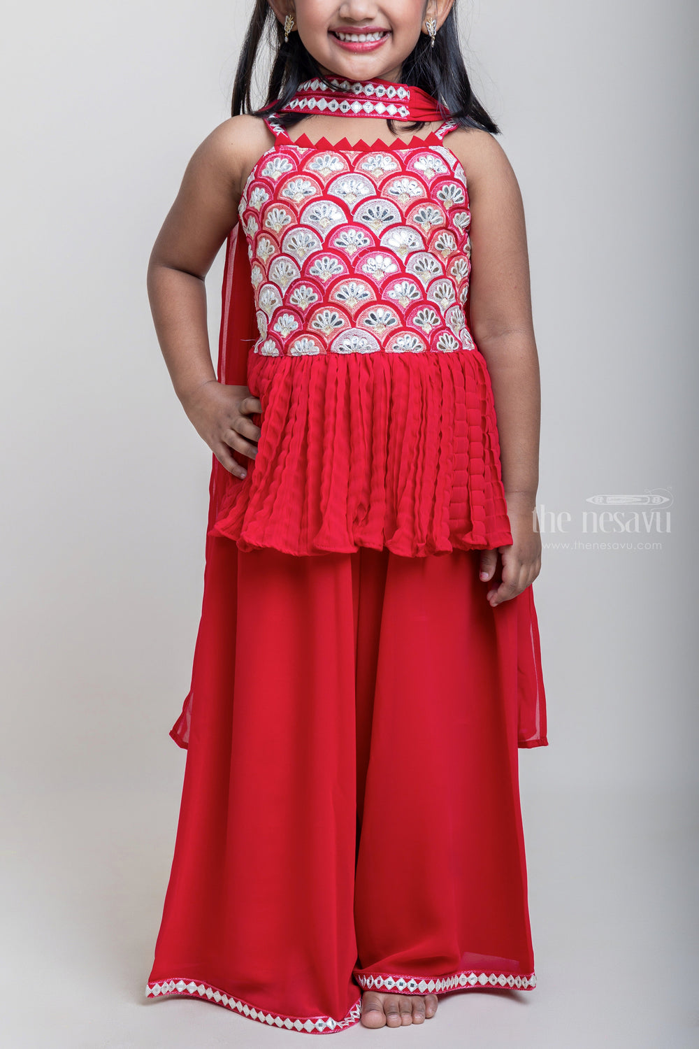 The Nesavu Girls Sharara / Plazo Set Red Embroidered Sequin Semi-Crushed Tunic Tops With Lace Trim Palazzo psr silks Nesavu