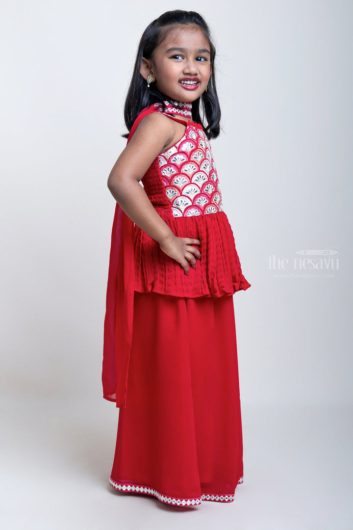 The Nesavu Girls Sharara / Plazo Set Red Embroidered Sequin Semi-Crushed Tunic Tops With Lace Trim Palazzo psr silks Nesavu
