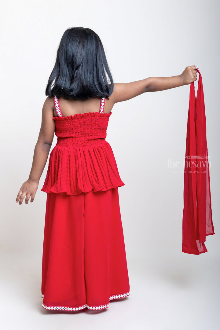 The Nesavu Girls Sharara / Plazo Set Red Embroidered Sequin Semi-Crushed Tunic Tops With Lace Trim Palazzo psr silks Nesavu
