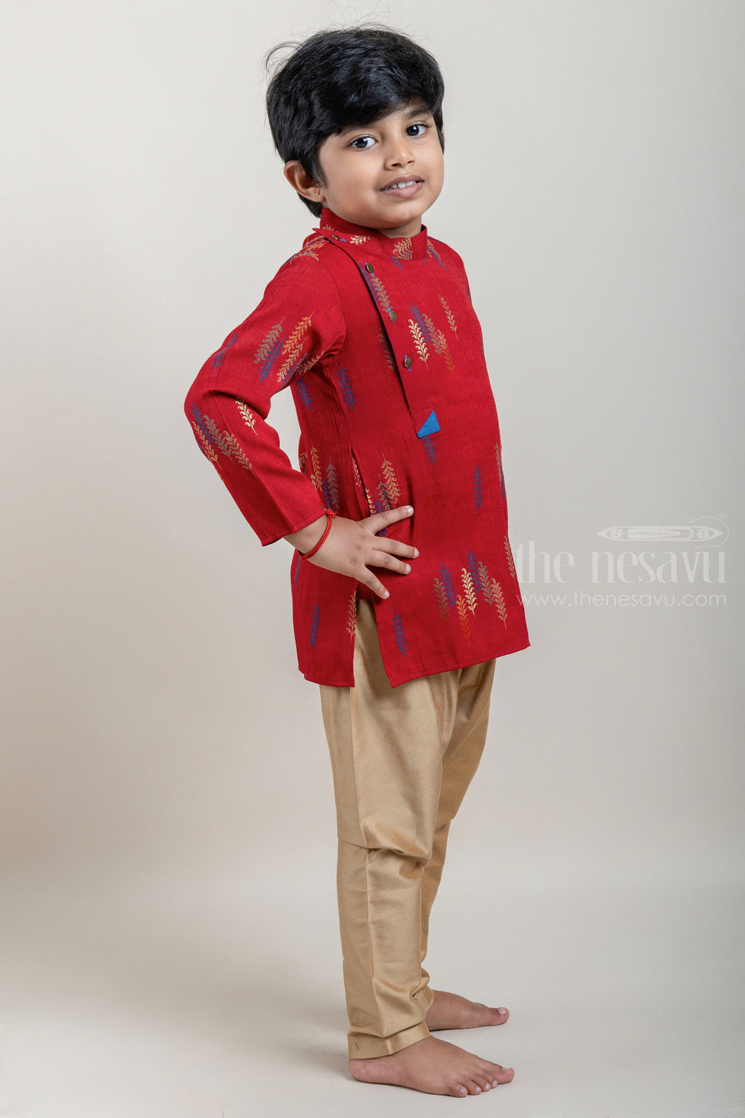 The Nesavu Boys Kurtha Set Red Floral Printed Silk Cotton Kurta and Beige Pant Set for Boys Nesavu 16 (1Y) / Red / Rayon BES337A Shop Red Floral Printed Silk Cotton Kurta Sets with Beige Pant for Boys | Traditional and Festive Wear | The Nesavu