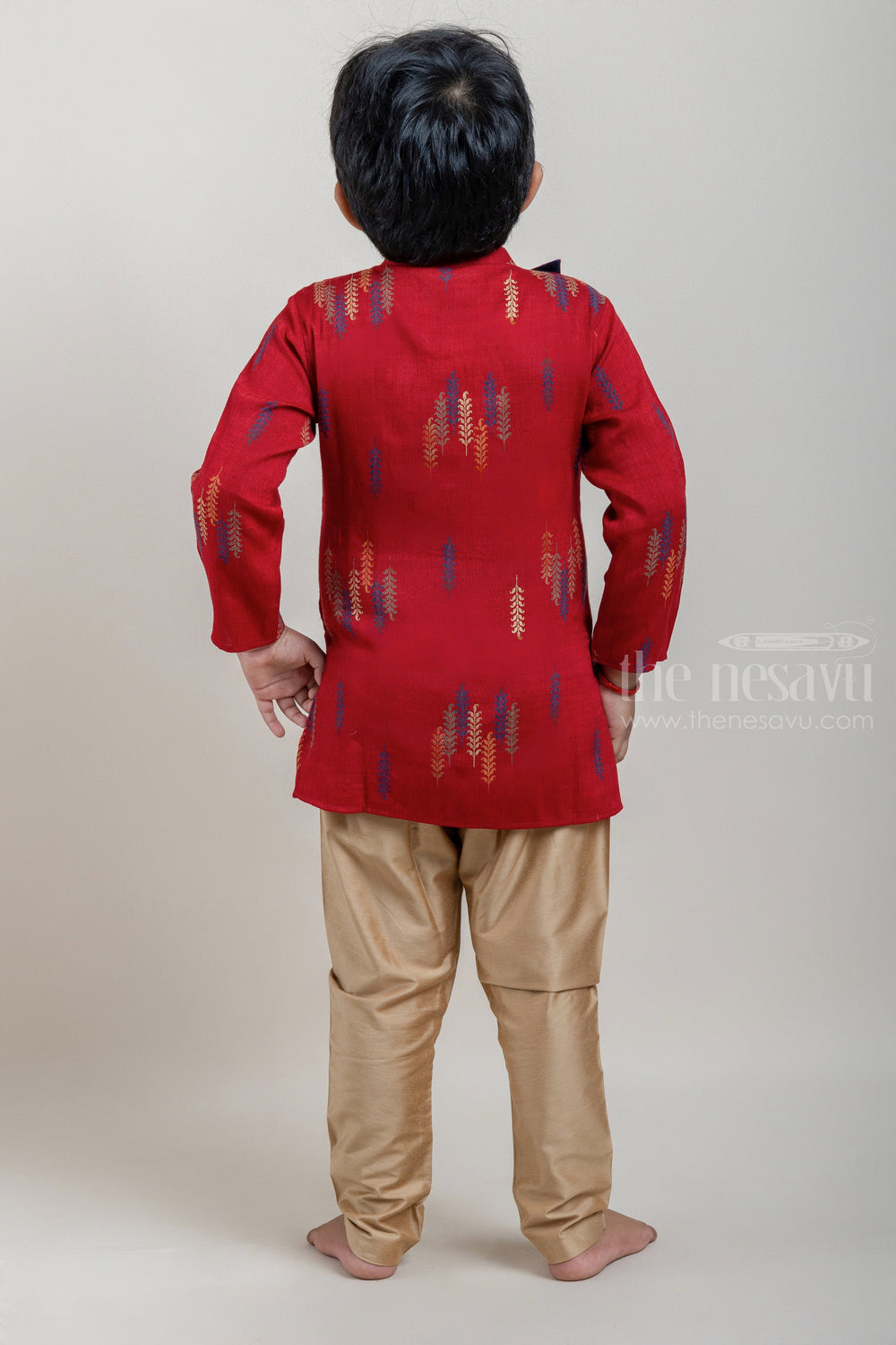 The Nesavu Boys Kurtha Set Red Floral Printed Silk Cotton Kurta and Beige Pant Set for Boys Nesavu Shop Red Floral Printed Silk Cotton Kurta Sets with Beige Pant for Boys | Traditional and Festive Wear | The Nesavu