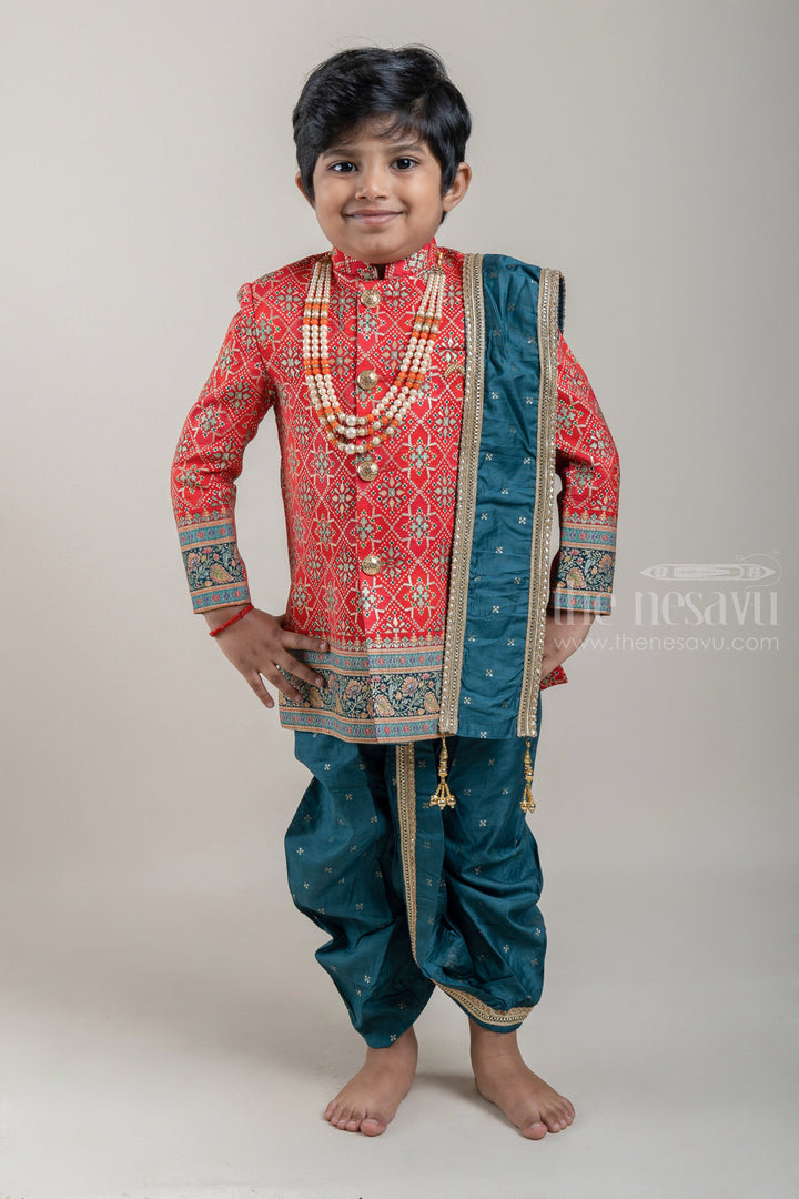 The Nesavu Boys Sherwani Red Geometrical Foil Printed Ethnic Kurta with Green Dhoti and Beige Pant for Boys Nesavu 14 (6M) / Red / Silk Blend BES349A Boys Ethnic Cotton Kurta | Latest Kurta Collection | The Nesavu