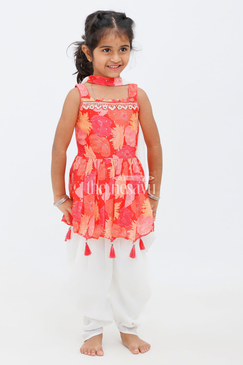 The Nesavu Girls Dothi Sets Red Georgette Dhoti Kurta Set for Girls with Sequin Detailing and Mirror Work for Festive Occasions Nesavu 16 (1Y) / Red GPS390A-16 Red Georgette Dhoti Kurta Set for Girls with Sequin Detailing and Mirror Work Nesavu
