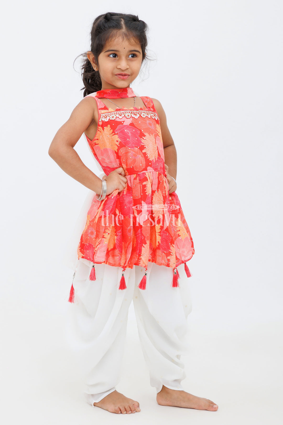 The Nesavu Girls Dothi Sets Red Georgette Dhoti Kurta Set for Girls with Sequin Detailing and Mirror Work for Festive Occasions Nesavu Red Georgette Dhoti Kurta Set for Girls with Sequin Detailing and Mirror Work Nesavu