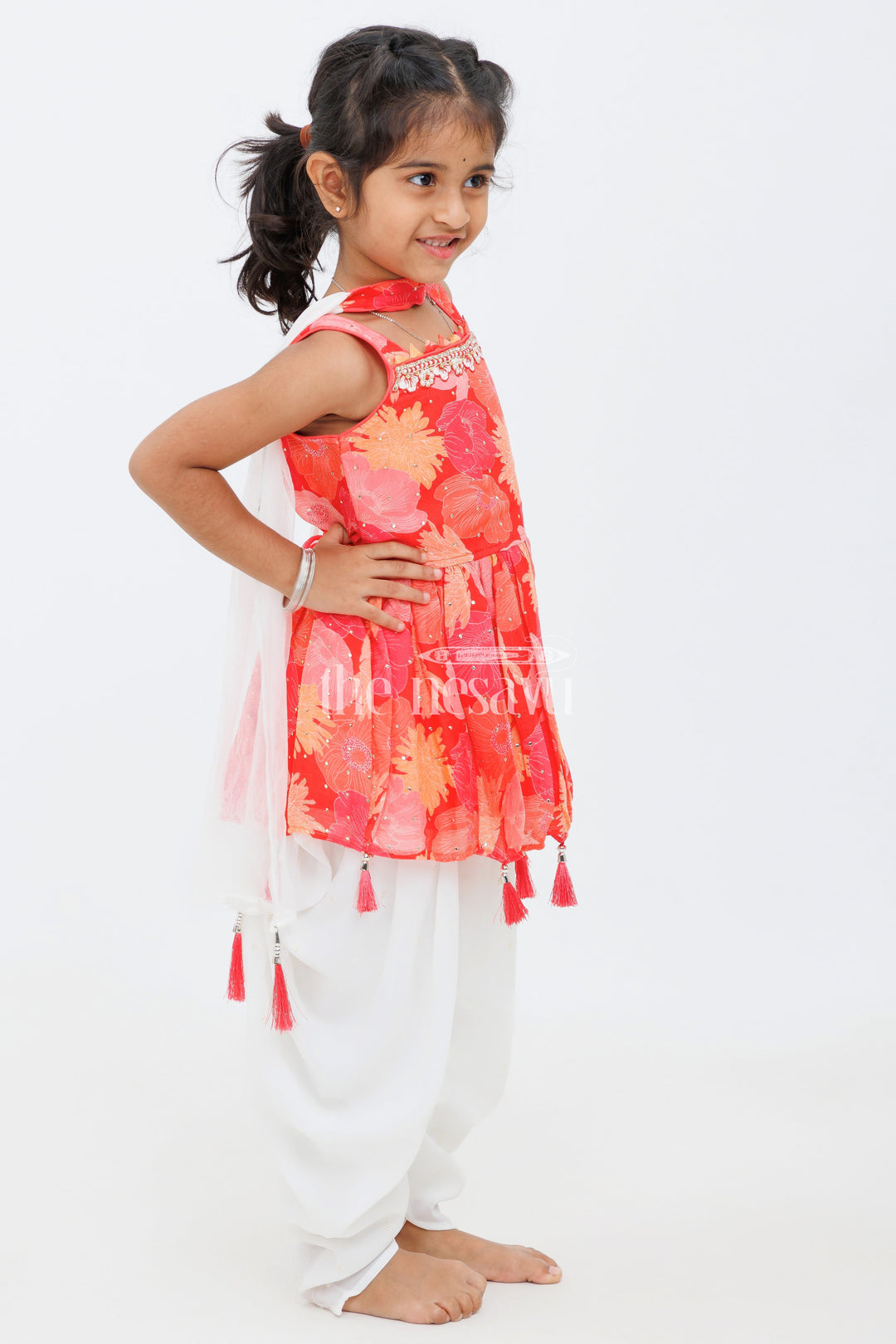 The Nesavu Girls Dothi Sets Red Georgette Dhoti Kurta Set for Girls with Sequin Detailing and Mirror Work for Festive Occasions Nesavu Red Georgette Dhoti Kurta Set for Girls with Sequin Detailing and Mirror Work Nesavu