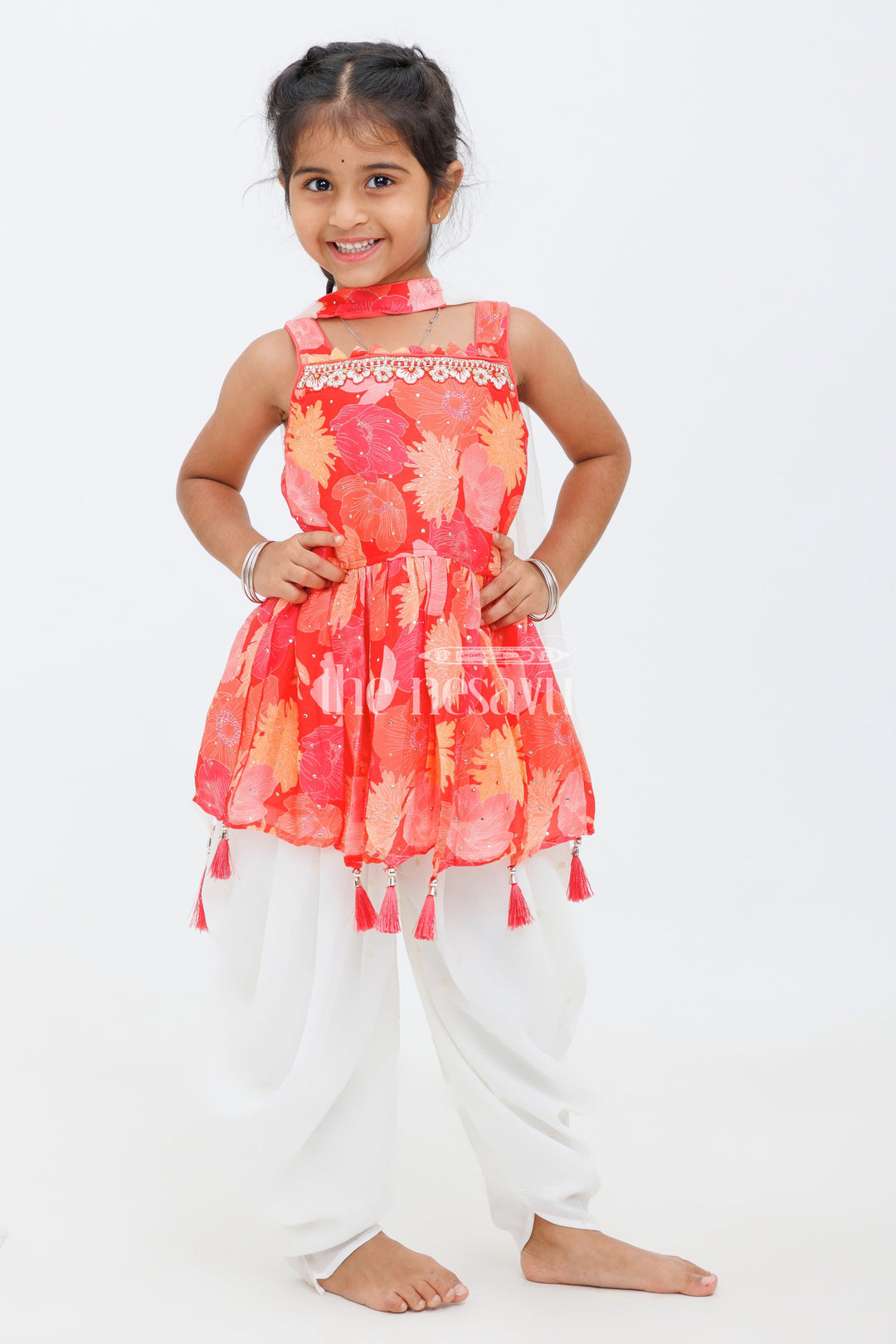 The Nesavu Girls Dothi Sets Red Georgette Dhoti Kurta Set for Girls with Sequin Detailing and Mirror Work for Festive Occasions Nesavu Red Georgette Dhoti Kurta Set for Girls with Sequin Detailing and Mirror Work Nesavu