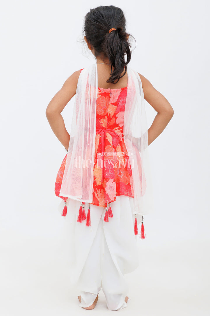 The Nesavu Girls Dothi Sets Red Georgette Dhoti Kurta Set for Girls with Sequin Detailing and Mirror Work for Festive Occasions Nesavu Red Georgette Dhoti Kurta Set for Girls with Sequin Detailing and Mirror Work Nesavu
