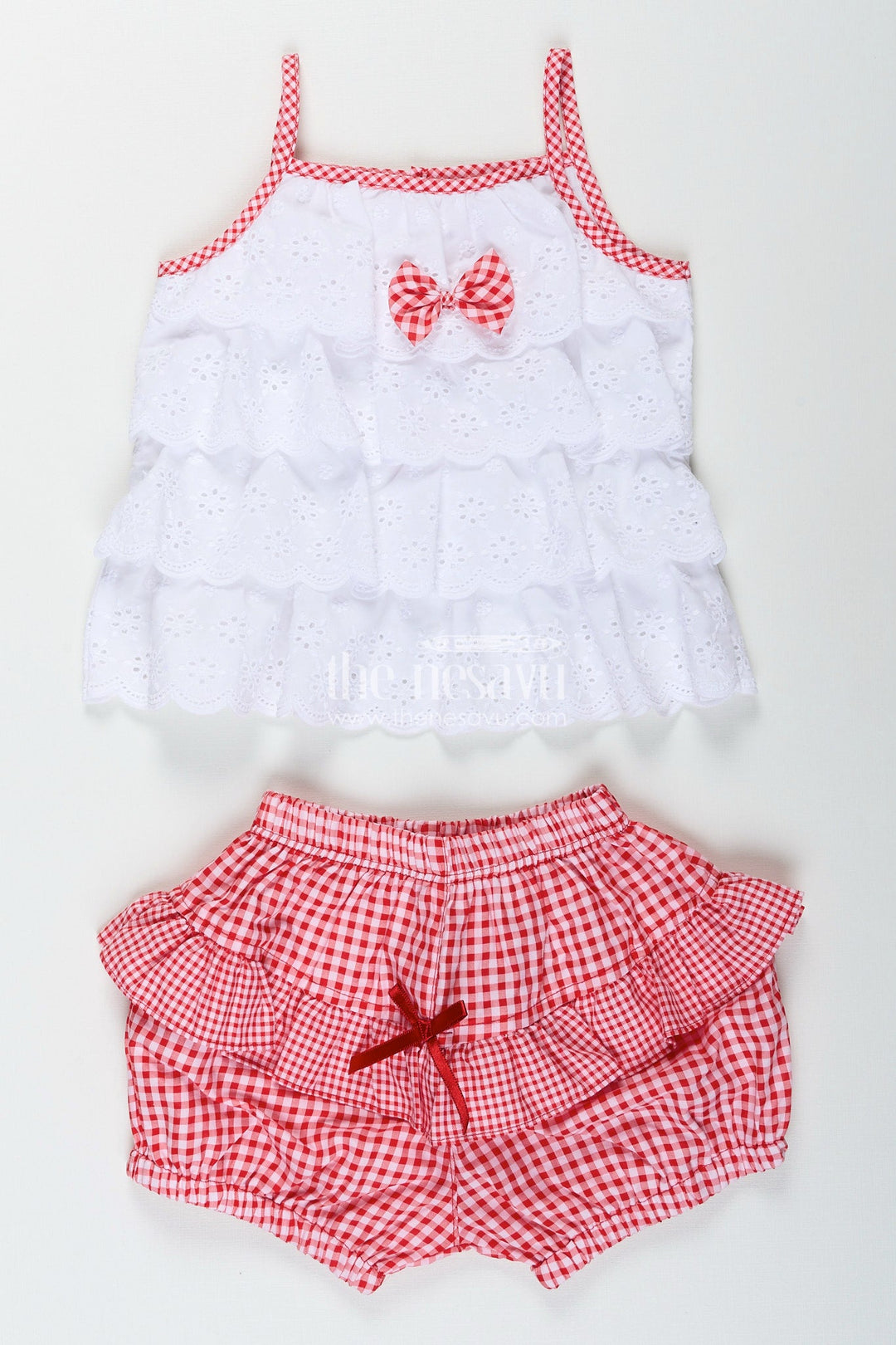 The Nesavu Baby Frocks Red gingham baby frock with hakoba top and ruffle shorts Nesavu 14 (6M) / White BFJ849B-14 Nesavu red checked baby frock with white hakoba top