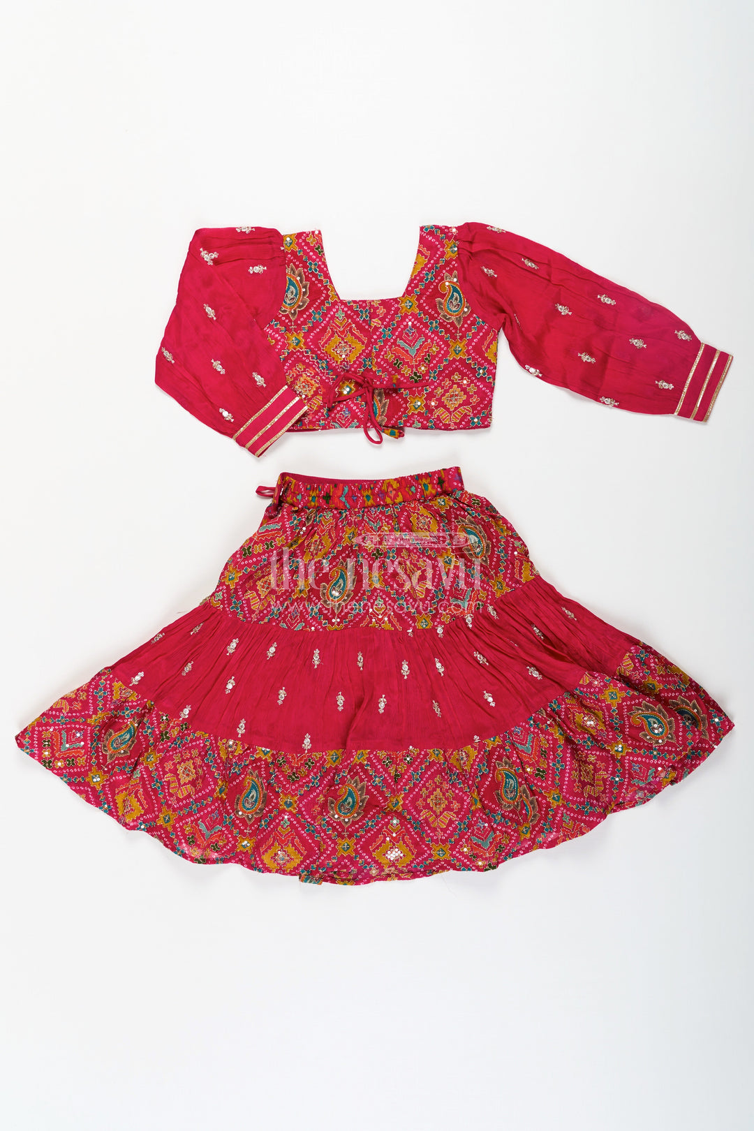 The Nesavu Girls Lehenga Choli Red Lehenga Choli for Girls with Sequence Embellished Pure Viscose Digital Print and Long Sleeves Nesavu Nesavu Red Sharara Girls Lehenga Choli Set in Pure Viscose with Sequin Embellished Digital Print