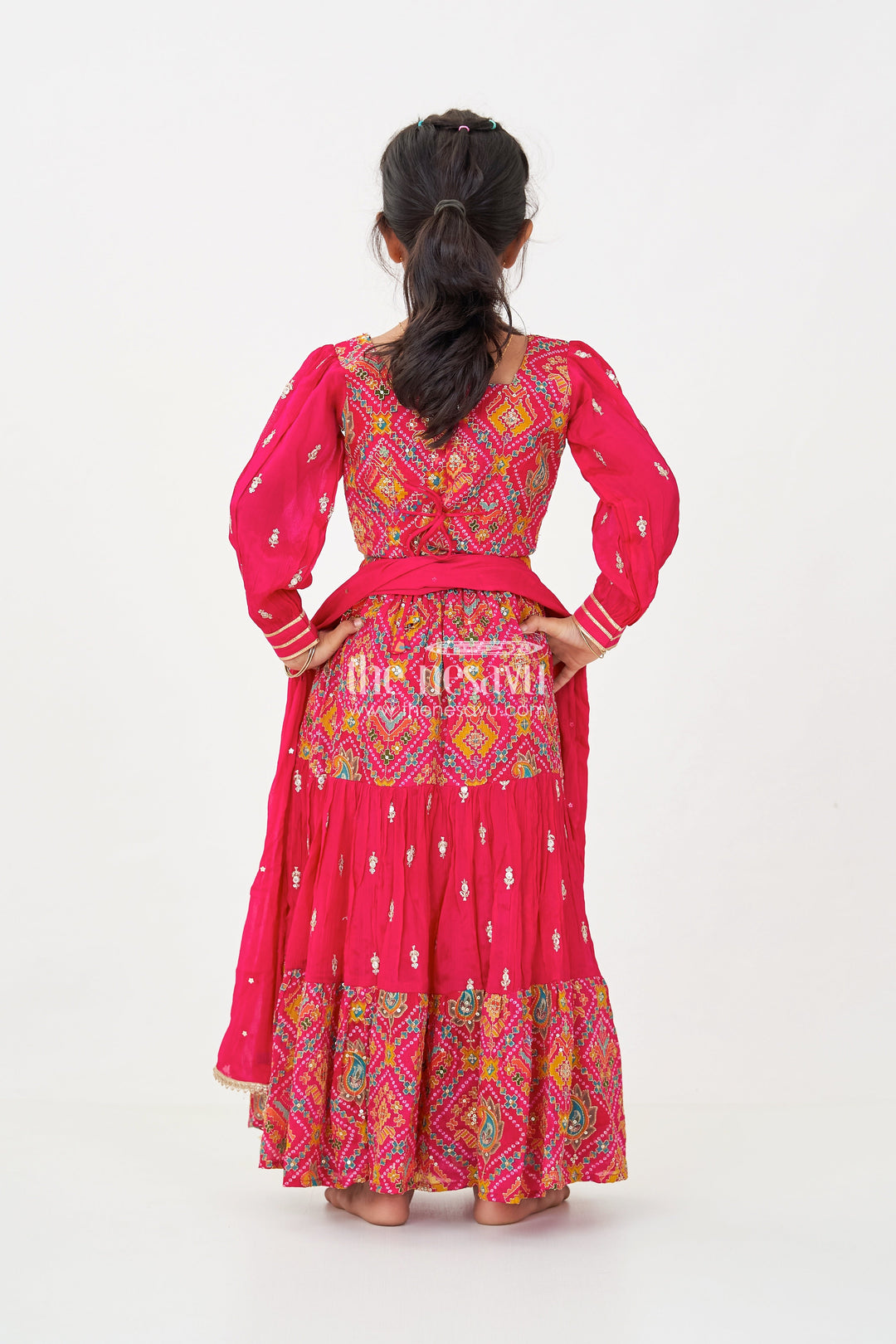 The Nesavu Girls Lehenga Choli Red Lehenga Choli for Girls with Sequence Embellished Pure Viscose Digital Print and Long Sleeves Nesavu Nesavu Red Sharara Girls Lehenga Choli Set in Pure Viscose with Sequin Embellished Digital Print