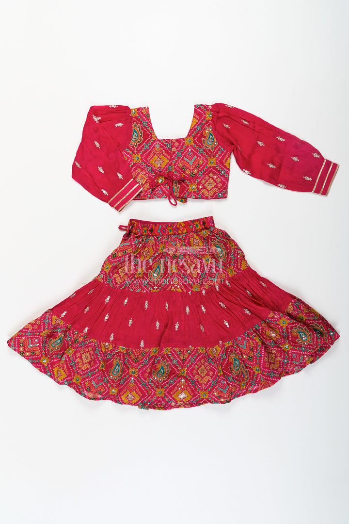 The Nesavu Girls Lehenga Choli Red Lehenga Choli for Girls with Sequence Embellished Pure Viscose Digital Print and Long Sleeves Nesavu Nesavu Red Sharara Girls Lehenga Choli Set in Pure Viscose with Sequin Embellished Digital Print