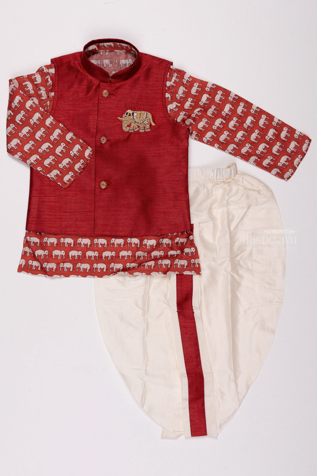 The Nesavu Boys Jacket Sets Red Majesty: Whimsical Animal Print Kurta, Overcoat & Crisp White Panchagajam Ensemble for Boys Nesavu 12 (3M) / Red / Muslin Silk BES387A-12 Kids Kurta Pajama Set | Explore Ethnic Fashion | The Nesavu