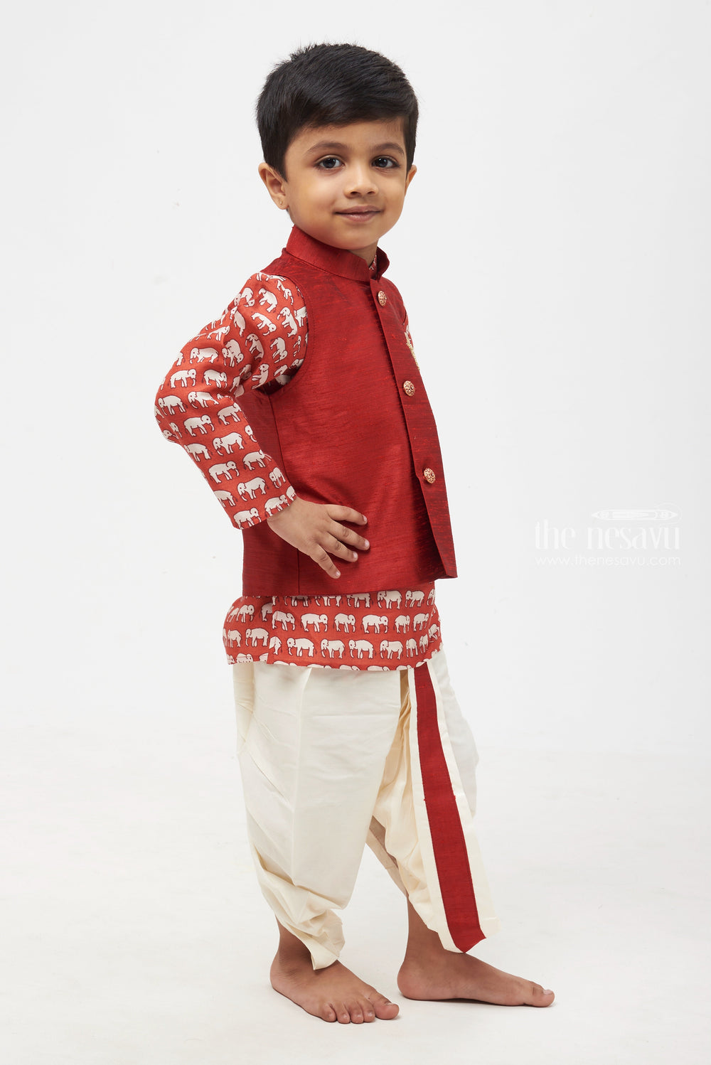The Nesavu Boys Jacket Sets Red Majesty: Whimsical Animal Print Kurta, Overcoat & Crisp White Panchagajam Ensemble for Boys Nesavu Kids Kurta Pajama Set | Explore Ethnic Fashion | The Nesavu