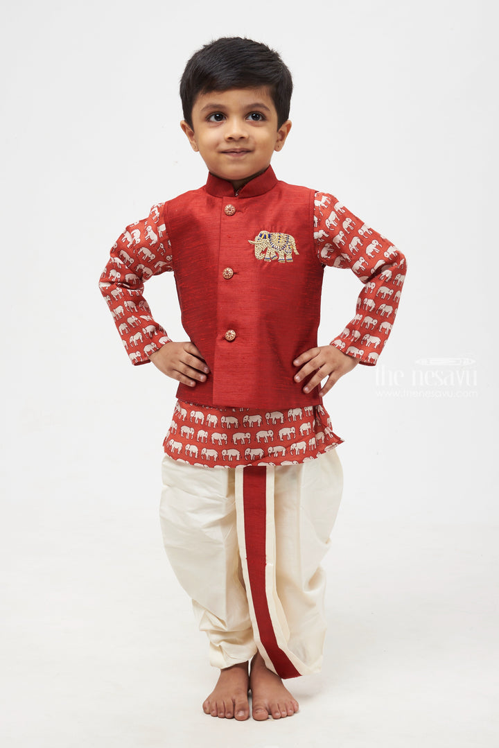 The Nesavu Boys Jacket Sets Red Majesty: Whimsical Animal Print Kurta, Overcoat & Crisp White Panchagajam Ensemble for Boys Nesavu Kids Kurta Pajama Set | Explore Ethnic Fashion | The Nesavu