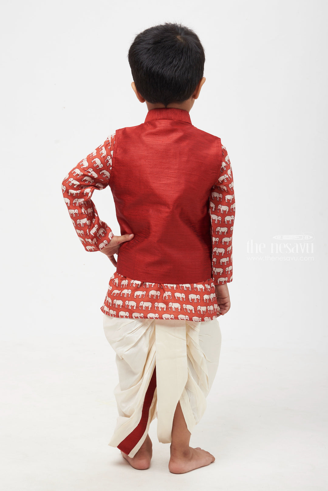 The Nesavu Boys Jacket Sets Red Majesty: Whimsical Animal Print Kurta, Overcoat & Crisp White Panchagajam Ensemble for Boys Nesavu Kids Kurta Pajama Set | Explore Ethnic Fashion | The Nesavu