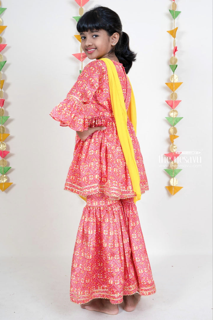 The Nesavu Girls Sharara / Plazo Set Red Printed Designer Cotton Sharara Pant With Tunic Top For Girls Nesavu Red Designer Kurta Dresses | Stylish Sharara Pant Design Ideas | The Nesavu
