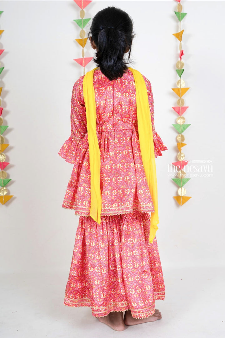 The Nesavu Girls Sharara / Plazo Set Red Printed Designer Cotton Sharara Pant With Tunic Top For Girls Nesavu Red Designer Kurta Dresses | Stylish Sharara Pant Design Ideas | The Nesavu