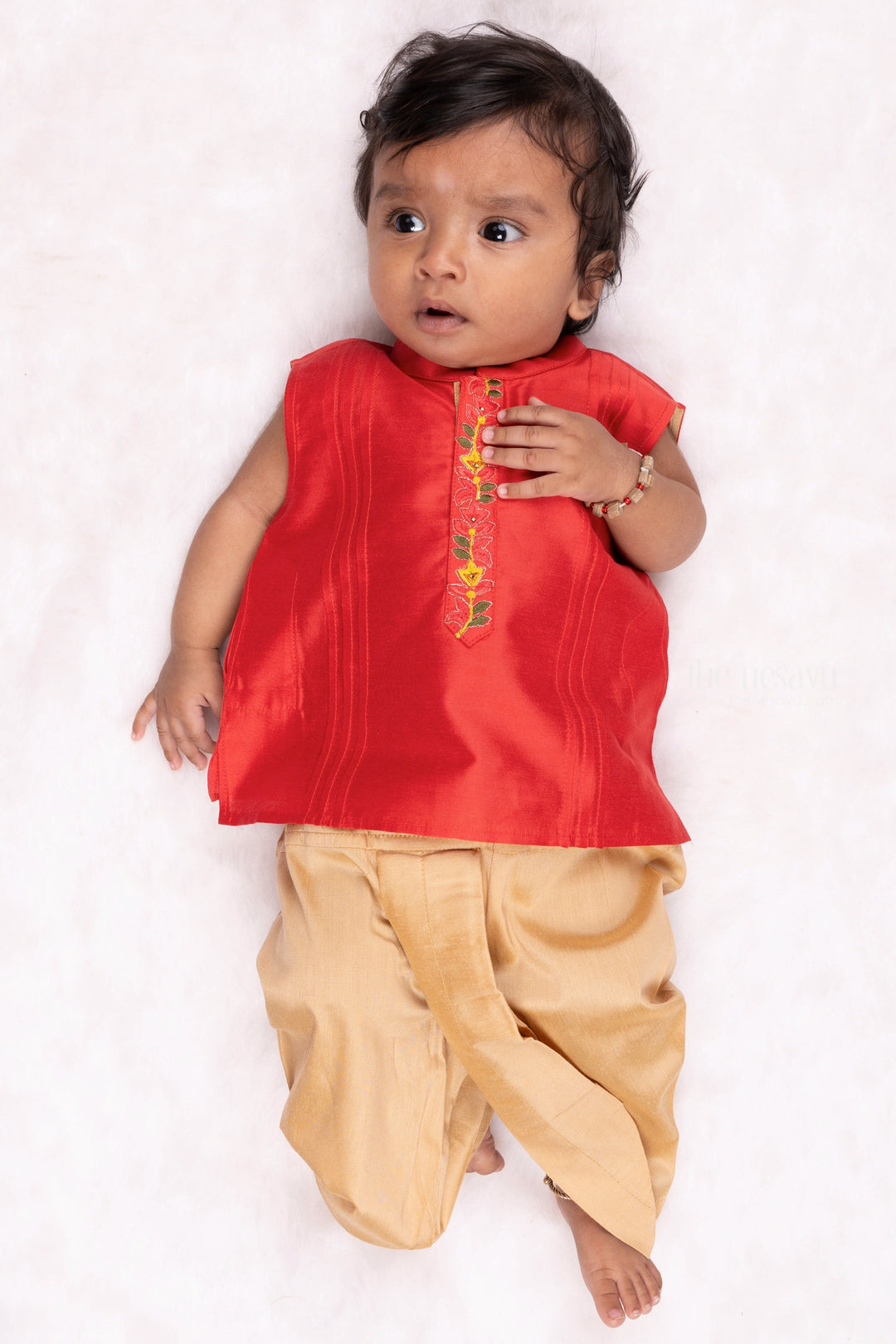 The Nesavu Boys Dothi Set Red Radiance: Exquisite Floral Embroidered Shirt & Beige Panchagajam Combo for Boys Nesavu 12 (3M) / Red / Dupioni Silk BES397B-12 Boys Indian Traditional Dress | Ethnic Shirt with panchagajam Set | The Nesavu