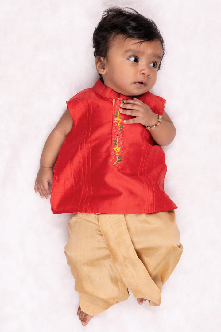 The Nesavu Boys Dothi Set Red Radiance: Exquisite Floral Embroidered Shirt & Beige Panchagajam Combo for Boys Nesavu Boys Indian Traditional Dress | Ethnic Shirt with panchagajam Set | The Nesavu