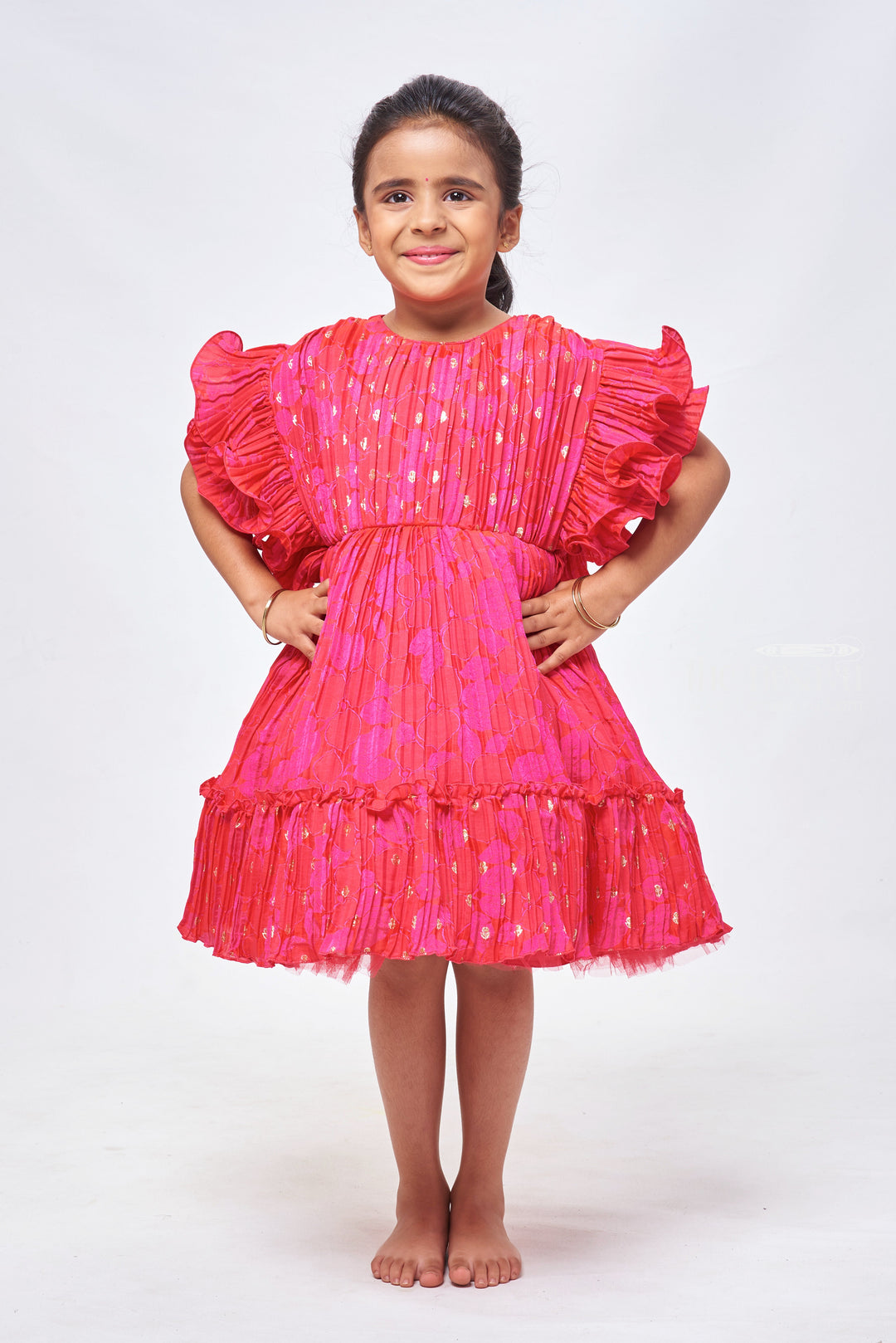 The Nesavu Girls Fancy Party Frock Red Radiance: Girls' Floral Foil-Printed Pleated Party Frock with Flare Nesavu 12 (3M) / Pink / Silk Blend PF137A-12 Adorable Baby Birthday Frock Designs | Little Girls' Fancy Party Dresses | The Nesavu