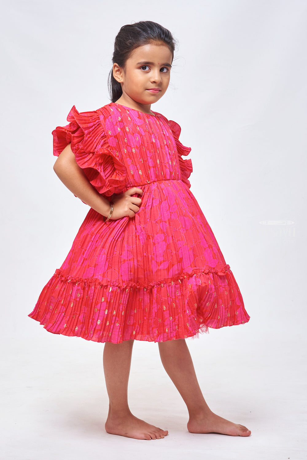The Nesavu Girls Fancy Party Frock Red Radiance: Girls' Floral Foil-Printed Pleated Party Frock with Flare Nesavu Adorable Baby Birthday Frock Designs | Little Girls' Fancy Party Dresses | The Nesavu