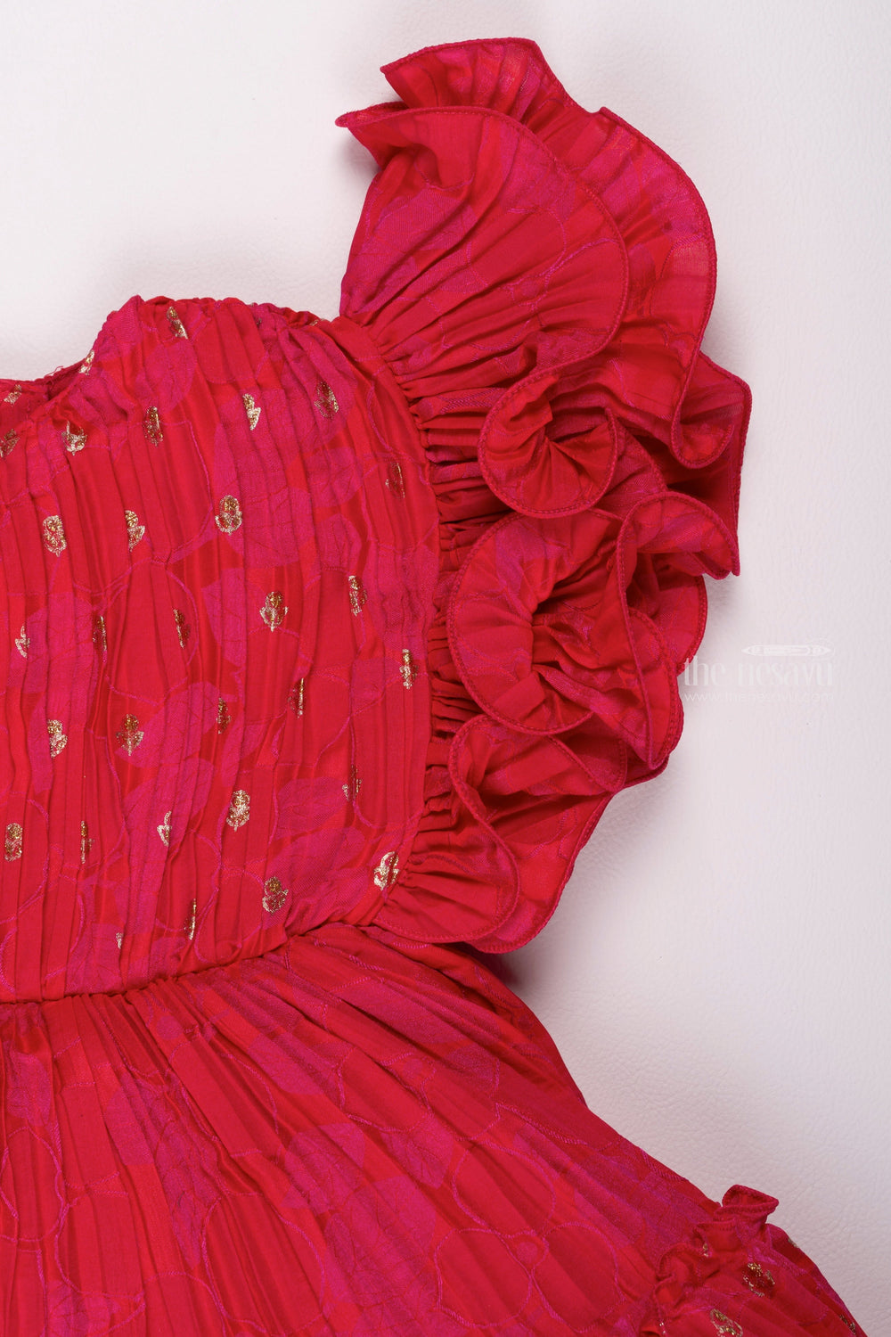 The Nesavu Girls Fancy Party Frock Red Radiance: Girls' Floral Foil-Printed Pleated Party Frock with Flare Nesavu Adorable Baby Birthday Frock Designs | Little Girls' Fancy Party Dresses | The Nesavu