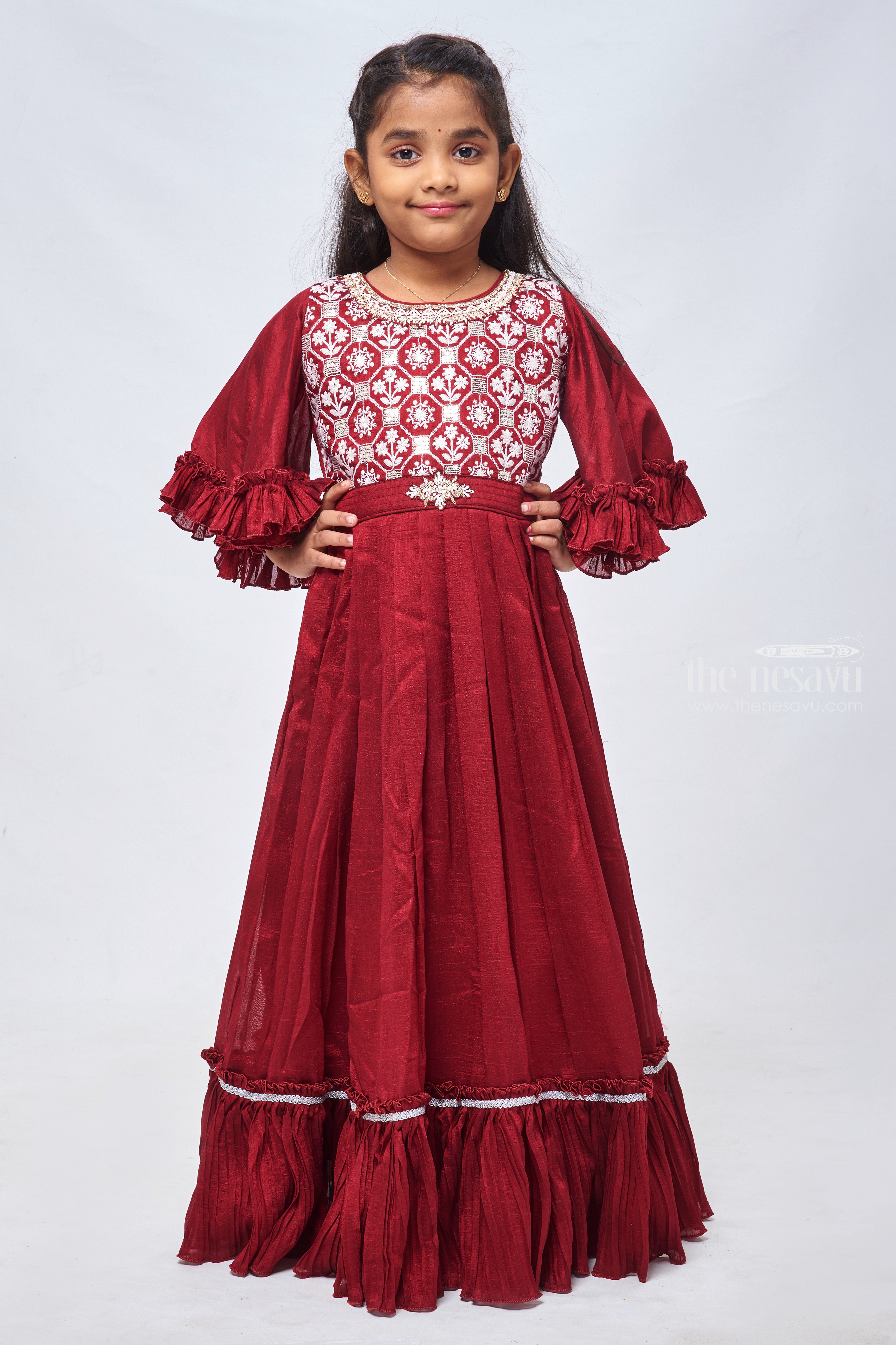 Trendy Red Colored Party Wear Jacquard pure cotton Gown