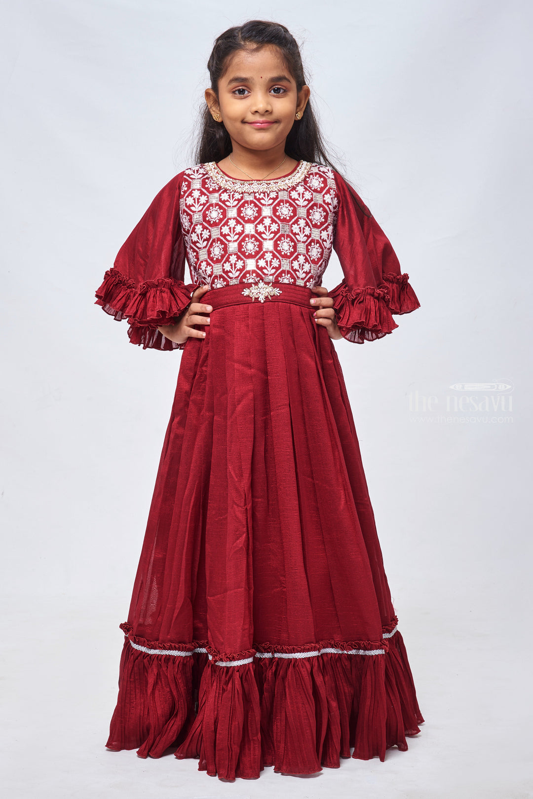 The Nesavu Girls Silk Gown Red Resham Embroidery & Knife Pleats: Bell Sleeve Gown for Girls Nesavu 24 (5Y) / Red / Silk Blend GA145A-24 Elegant Anarkali Suit for Girls | Fashionable Anarkali Dress Collection | The Nesavu