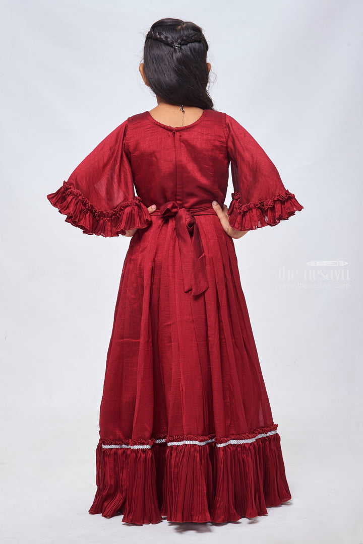 The Nesavu Girls Silk Gown Red Resham Embroidery & Knife Pleats: Bell Sleeve Gown for Girls Nesavu Elegant Anarkali Suit for Girls | Fashionable Anarkali Dress Collection | The Nesavu