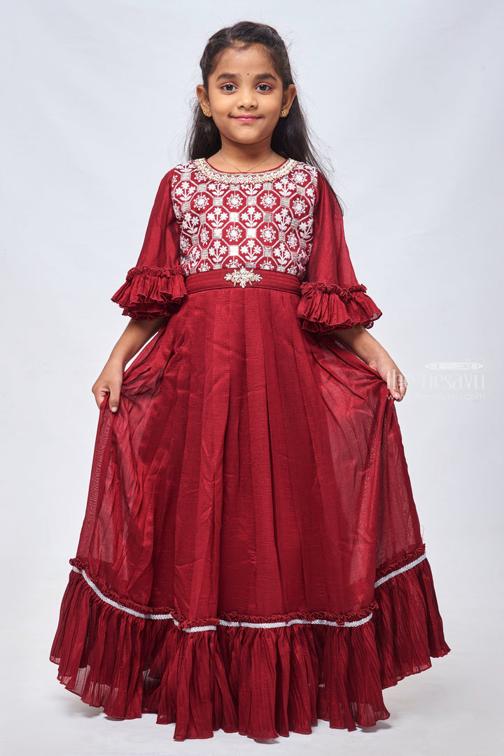 The Nesavu Girls Silk Gown Red Resham Embroidery & Knife Pleats: Bell Sleeve Gown for Girls Nesavu Elegant Anarkali Suit for Girls | Fashionable Anarkali Dress Collection | The Nesavu