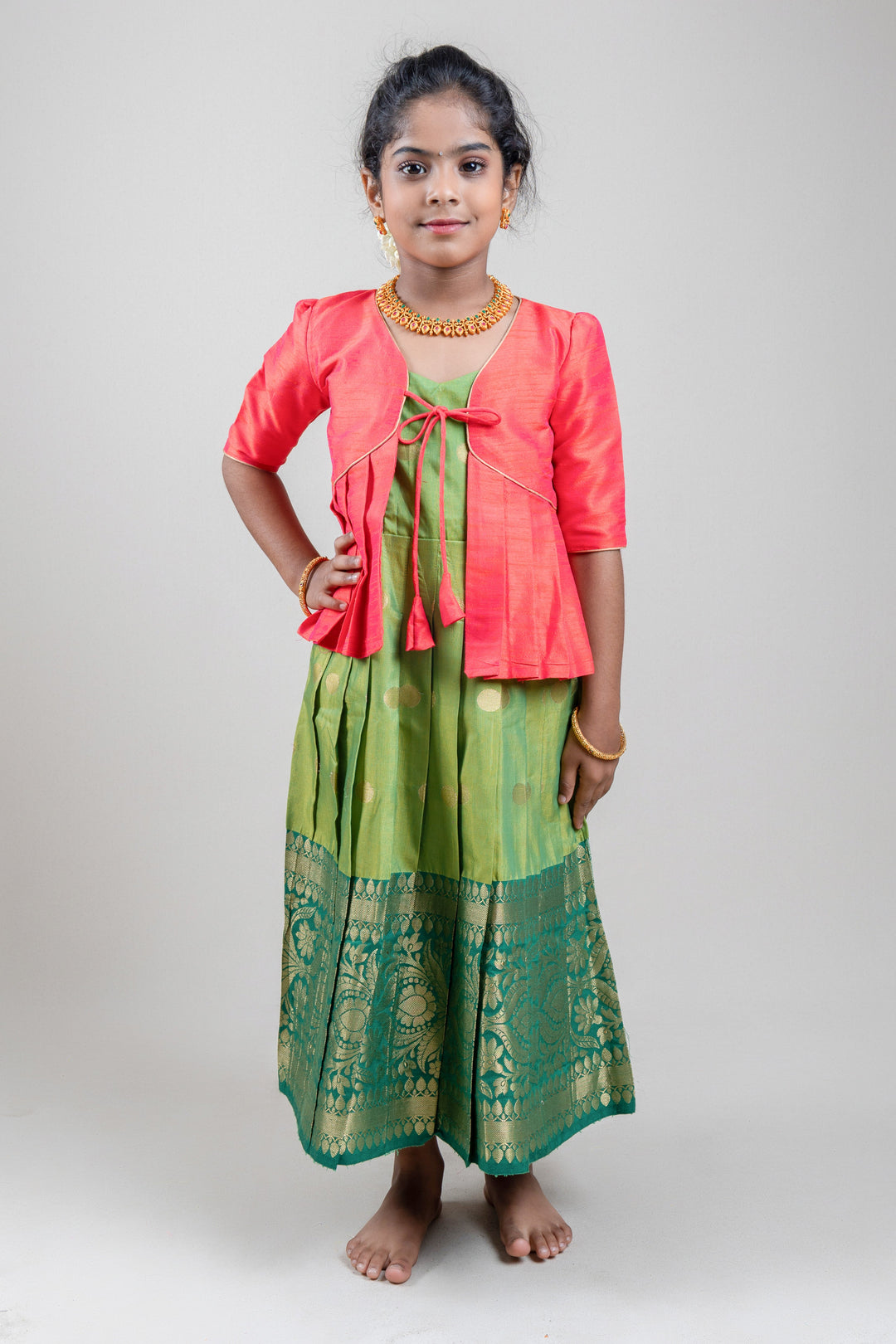 The Nesavu Silk Gown Red Semi-Silk Overcoat and Green Kanchivaram Designer Silk Anarkali Dress Nesavu 14 (6M) / Green / Cotton Silk GA137A-14 Red Semi-Silk Overcoat and Green Kanchivaram Designer Silk Anarkali Dress | The Nesavu