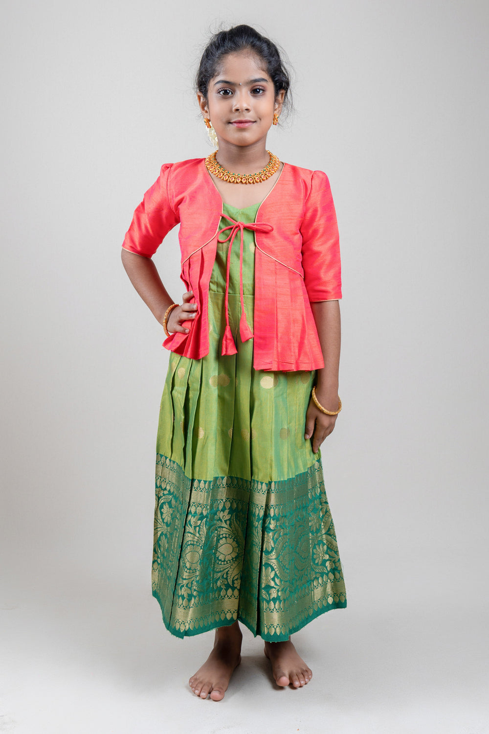 The Nesavu Silk Gown Red Semi-Silk Overcoat and Green Kanchivaram Designer Silk Anarkali Dress Nesavu 14 (6M) / Green / Cotton Silk GA137A-14 Red Semi-Silk Overcoat and Green Kanchivaram Designer Silk Anarkali Dress | The Nesavu